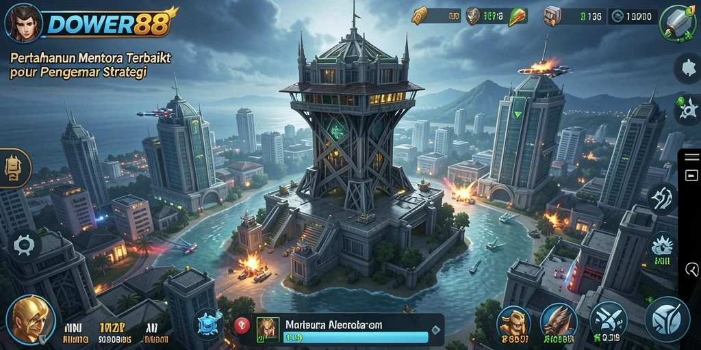 Screenshot gameplay DOWER88 dengan pertahanan menara yang unik.