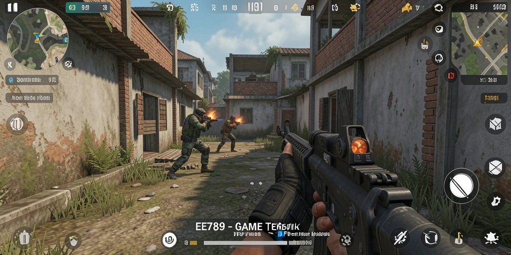 Screenshot dari gameplay EE789 yang menampilkan pertempuran intens.