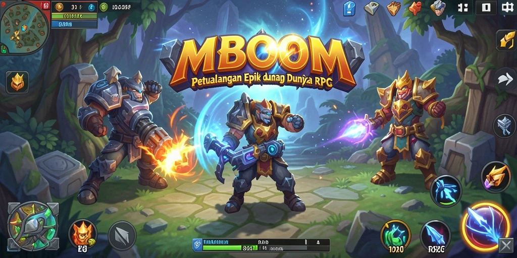 Screenshot gameplay MBOOM yang menunjukkan pertarungan epik RPG.